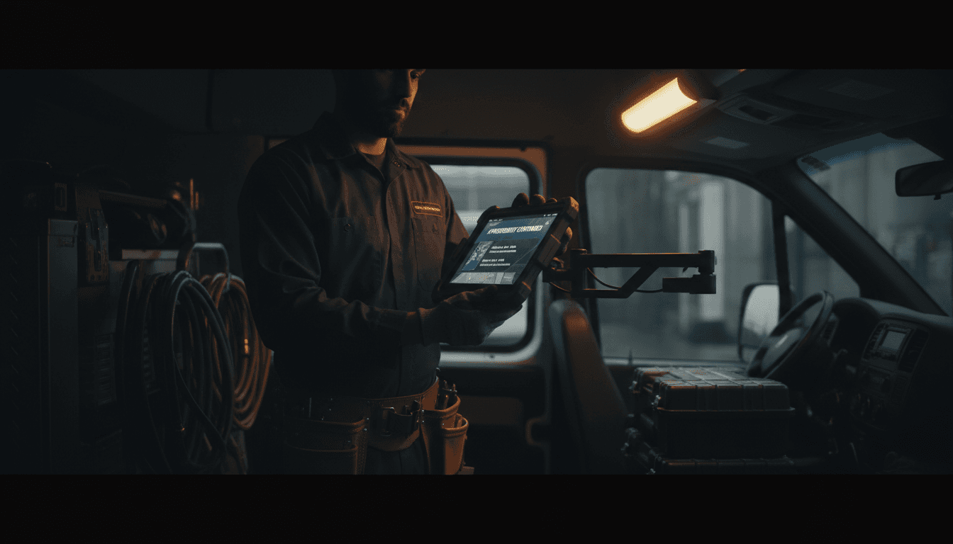 HVAC technician reviewing booked appointment on tablet in service van